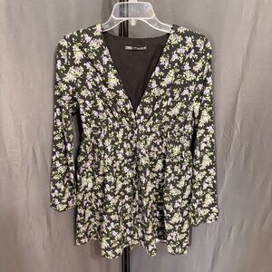 Zara Floral Boho Mini Dress V-Neck Long Sleeve Black Purple Dainty Print Size M